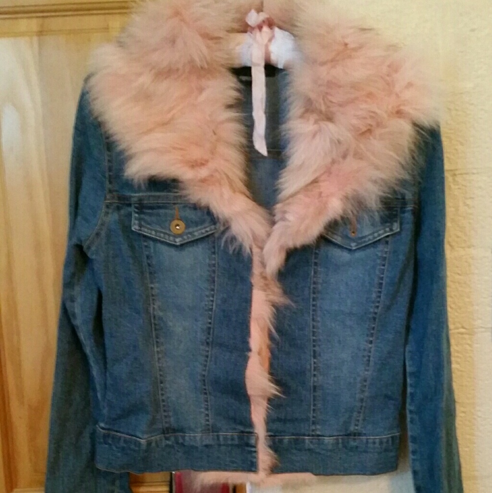 Authentic 100% dyed pink fox fur denim jacket